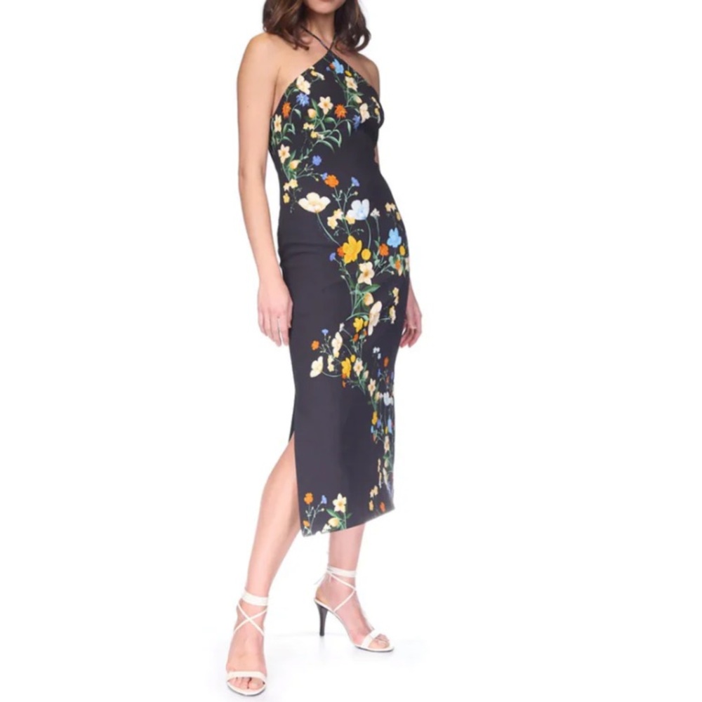 Cara Cara Dress Maxi Halter Formal Davis Dress Black Pressed Flowers Size Small
